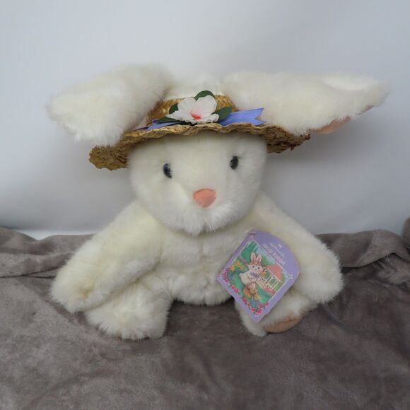 Vintage Hallmark Easter Heidi Rabbit White Plush Bunny Toy With Flower Straw Hat - Picture 1 of 16